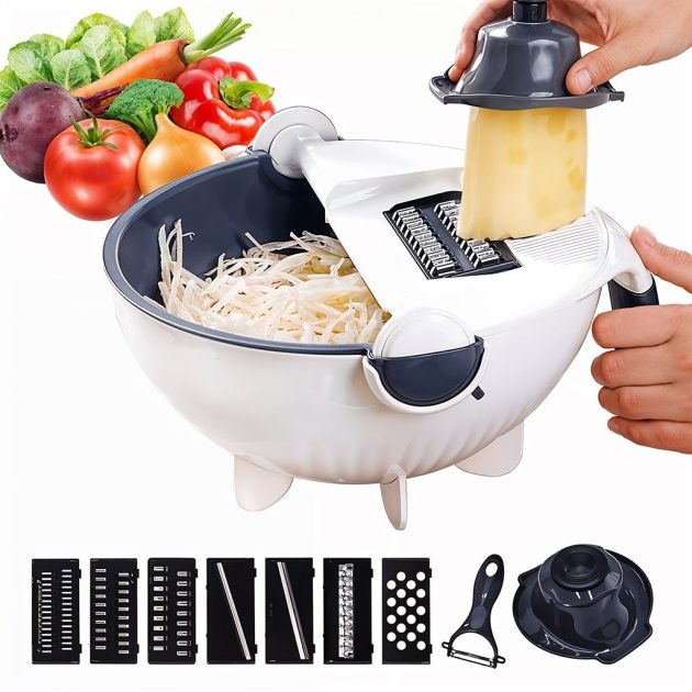 وعاء تقطيع خضراوات 9 في 1 مع سلة تصريف