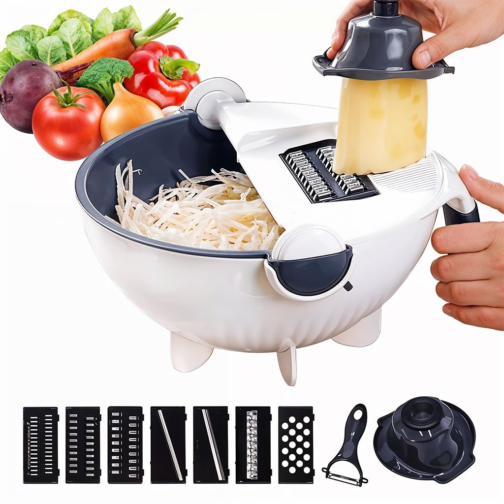 وعاء تقطيع خضراوات 9 في 1 مع سلة تصريف