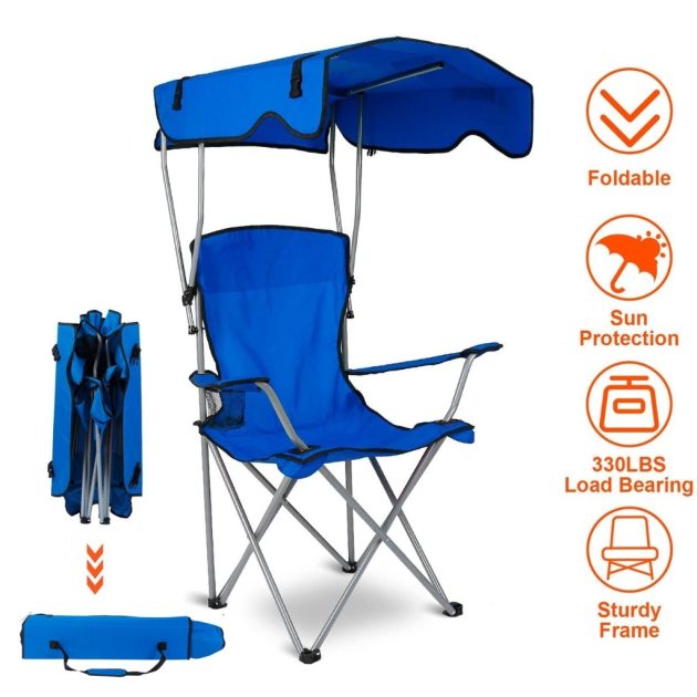 كرسي استرخاء قابل للطي مع حامل أكواب ومظلة شمسية